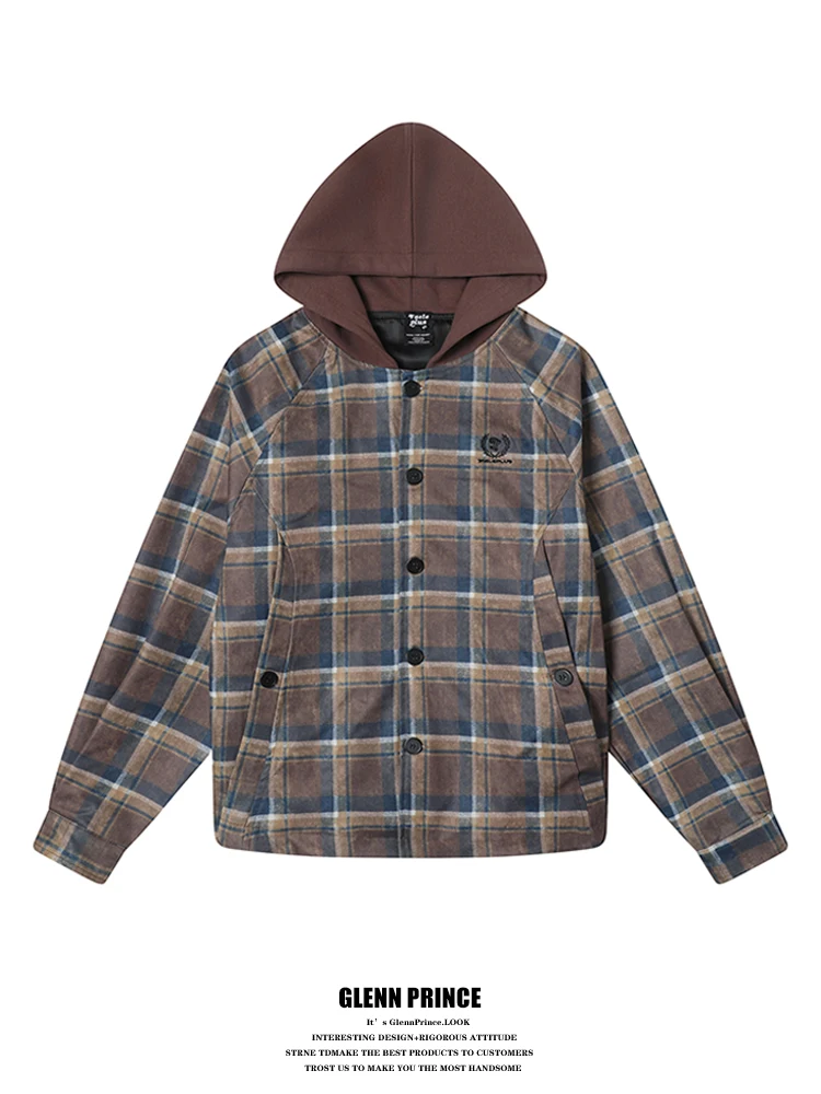 

GPstudio Американская ретро-куртка-худи в клетку с цветными вставками, мужская, весна-осень, новая, для пар, повседневная верхняя одежда