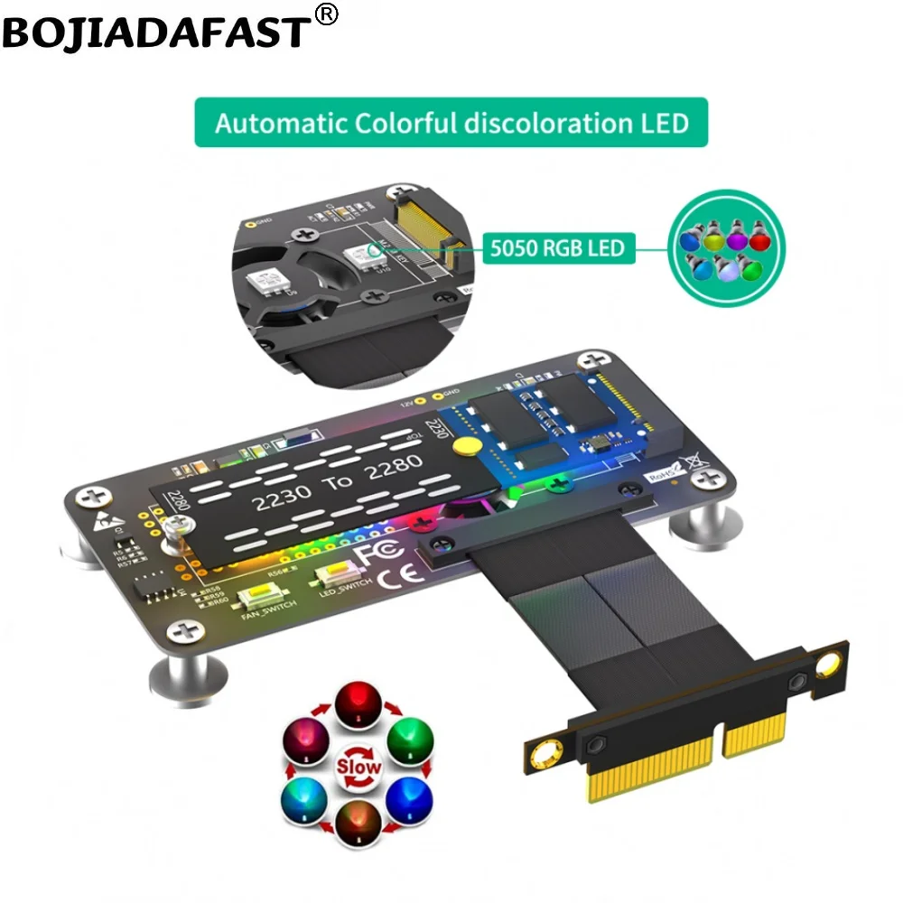 PCI-E 3.0 4X para NGFF M.2 Chave-M 2230 2242 2260 2280 NVME SSD Converter Adapter Card, Ventilador de refrigeração, Cabo de dados de alta velocidade, 50mm 5cm