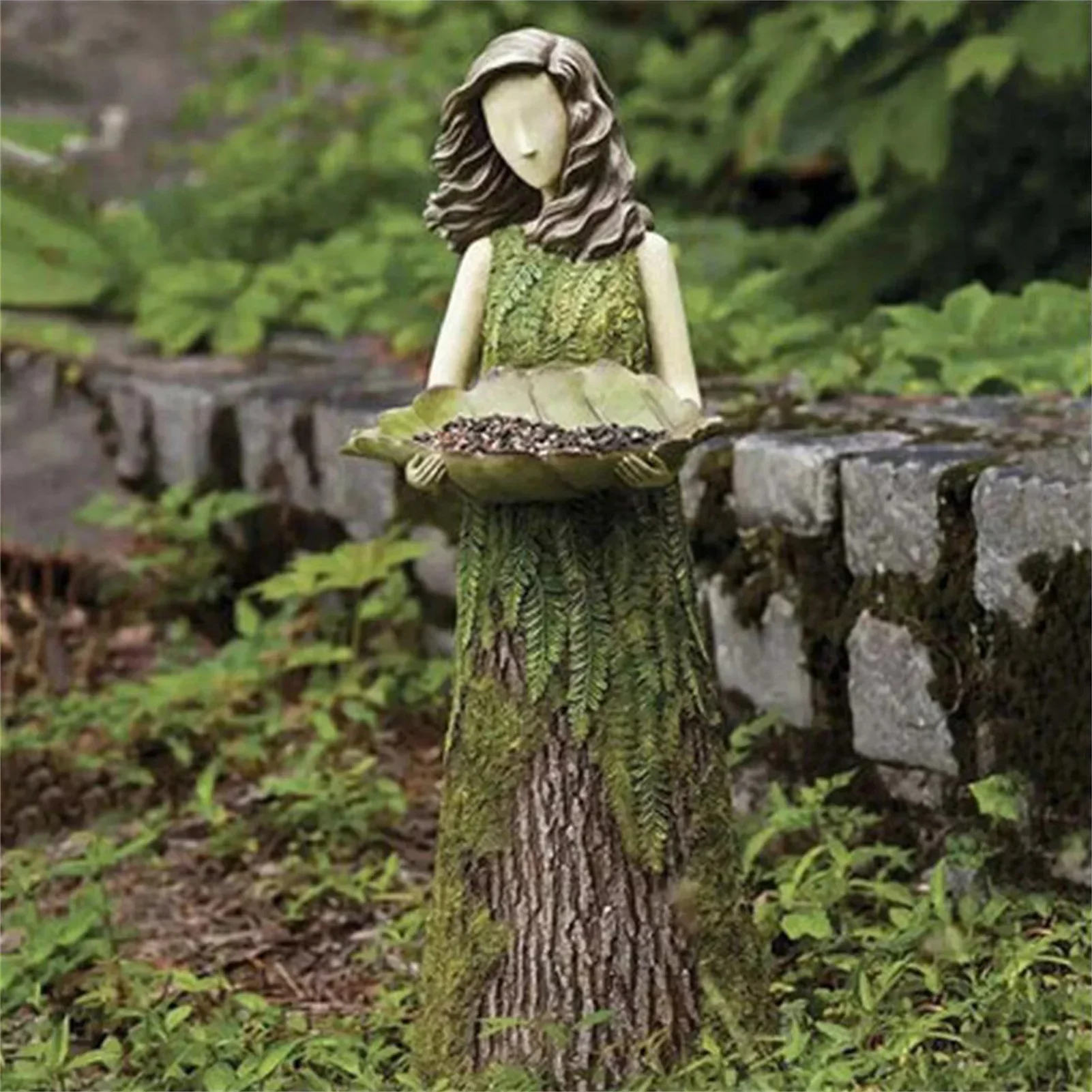 

Green Fairy Statue Bird Feeder Resin Decoration Garden Forest Girl Sculpture Figurines Crafts Outdoor Lawn Garden Decoration