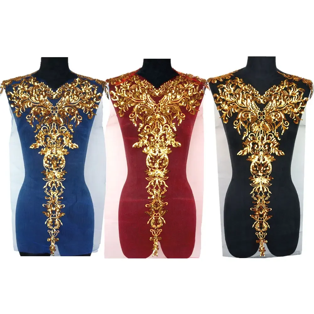 1 Set Oro Paillettes Appliques Rosso Blu Della Maglia Spallina Tessuto Del Merletto Del Ricamo di Cerimonia Nuziale Sew On Patch Per Il Vestito