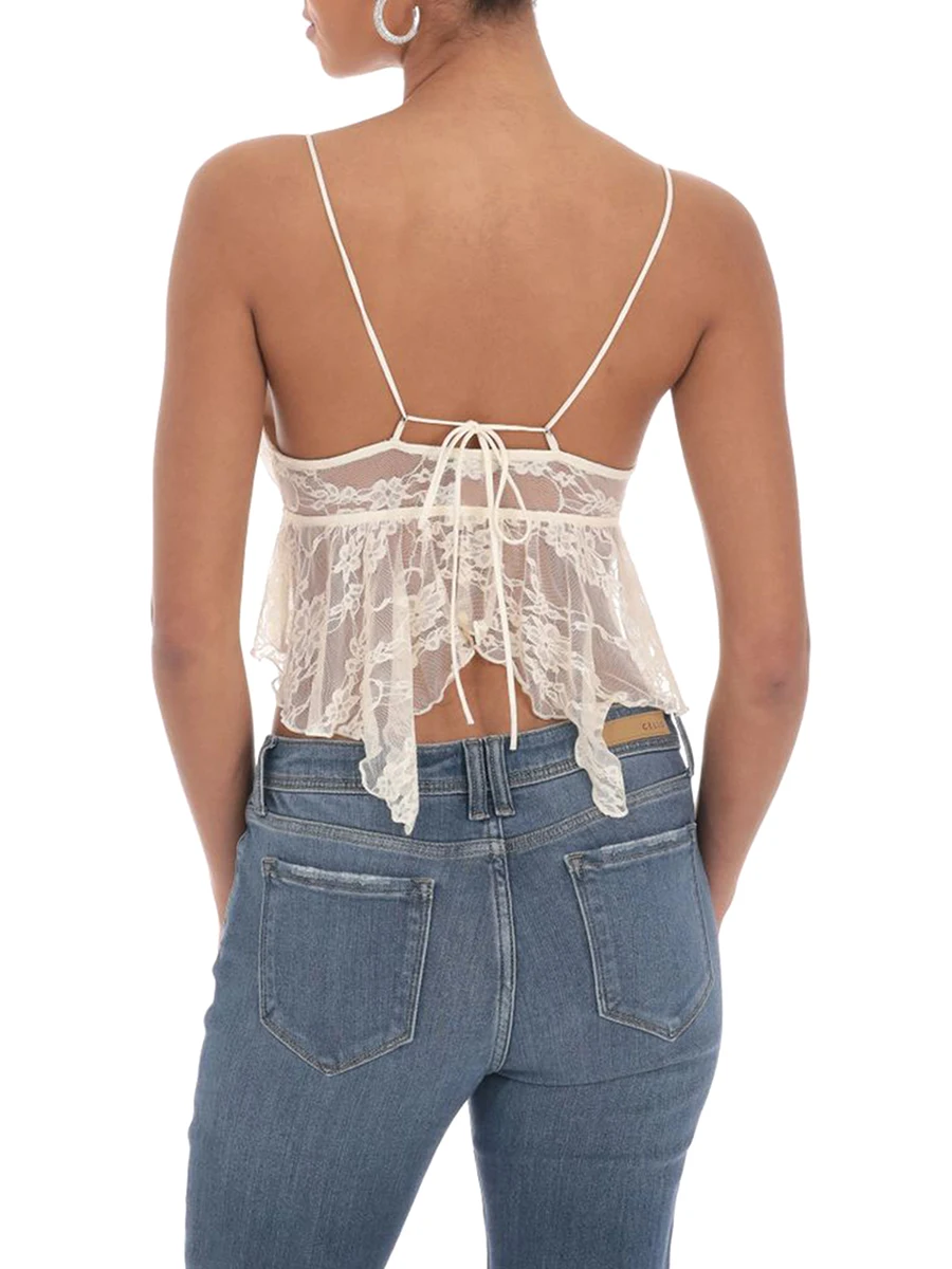 Women Lace Camisole Adjustable Shoulder Strap Sleeveless Tops V-neck Backless See-through Irregular Summer Tops