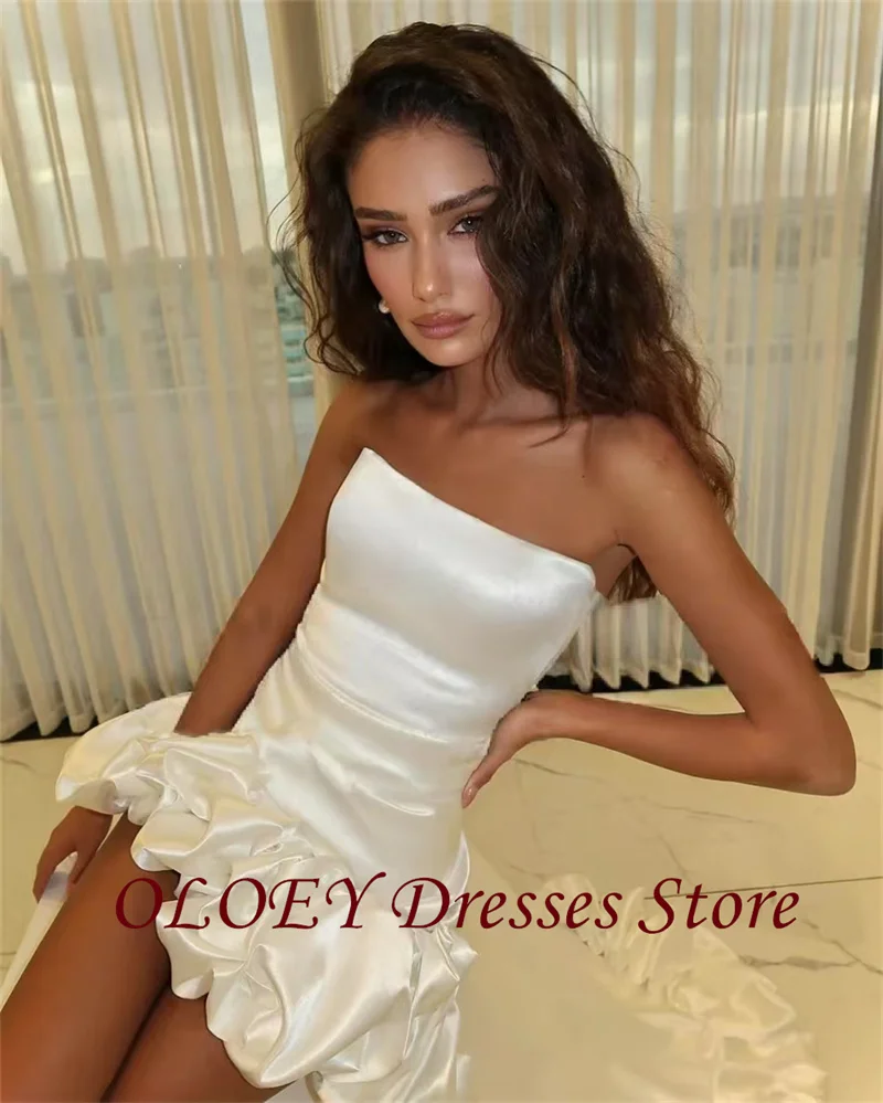 OLOEY-vestidos de novia sexys sin tirantes, parte delantera corta, espalda larga, volantes, fiesta Formal, satén, vestidos de novia altos y bajos, playa, país personalizado