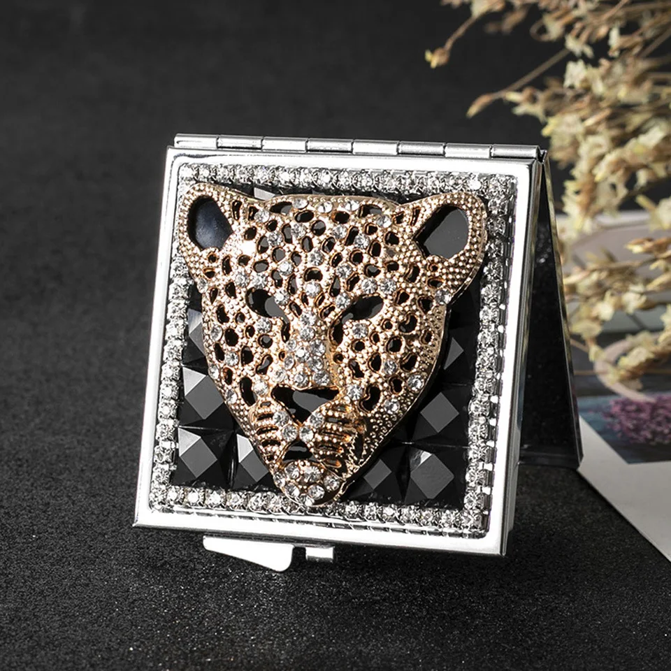 Bling Diamond 2-Face Makeup Mirror Square Portable Metal Cosmetic Mirror Mini Bag Pocket Foldable Compact Cosmetics Tool
