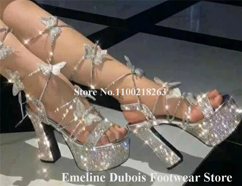 Bling Bling Rhinestones Butterfly Chunky Heel Sandals Emeline Dubois Silver Crystals Bowties Straps Cross High Platform Heels