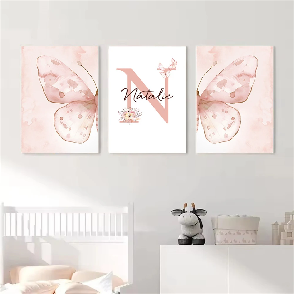 Baby Custom Name Butterfly Posters Personalized Pink Girls Room Decorative Canvas Painting Nuesery Kids Bedroom Wall Art Decor