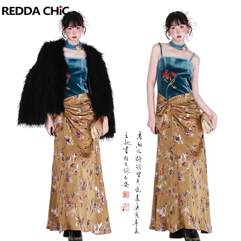 

ReddaChic Oriental Embroidery Maxi Long Dress Women Twist Shirring Floral Velvet Camisole One-piece Chinese Elegant Evening Gown