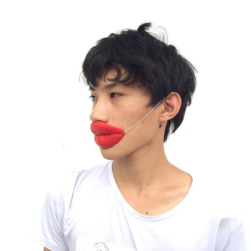 อุปกรณ์ประกอบฉากตลกไส้กรอกริมฝีปากสีแดงหนาปากใหญ่ฮาโลวีนตลกสยองขวัญหน้ากากยาง
