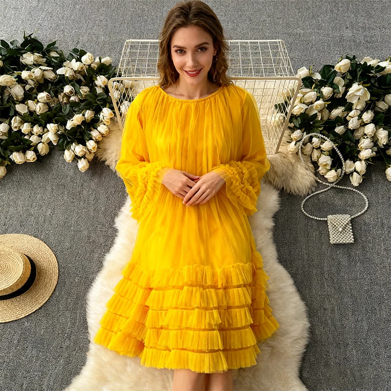 Sukienka Gymystars z siateczki w jednolitym kolorze, jesienne sukienki damskie, modna, luźna, w kształcie litery A, z okrągłym dekoltem, warstwowa, elegancka sukienka na wesele/imprezę dla kobiet.