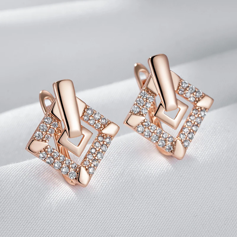 Kinel Hot 585 Rose Gold Color Square English Earrings for Women Fashion Natural Zircon Accessories Daily Fine Vintage Jewelry