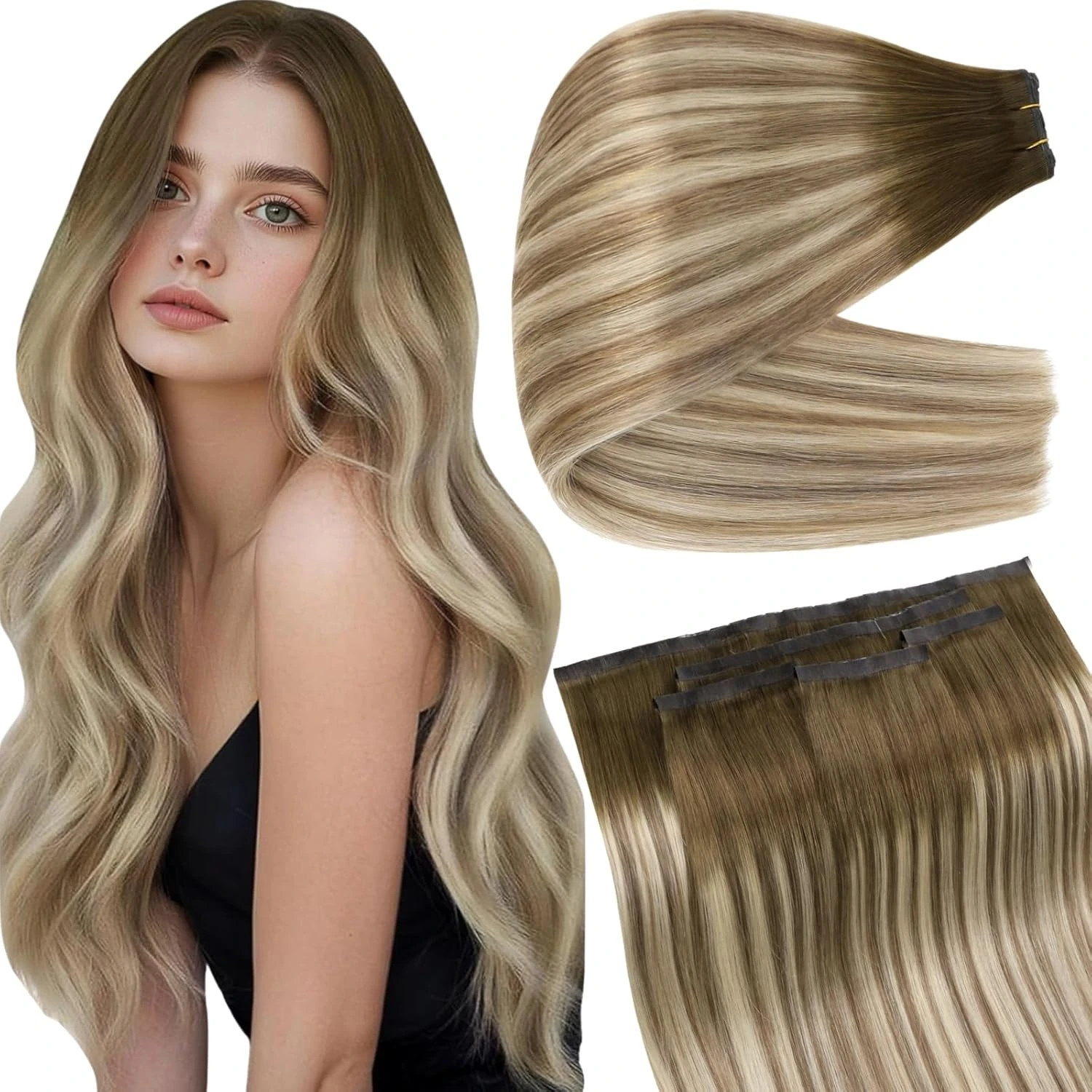 Full Shine Butterfly Weft Hair Extensions 5 Pcs Balayage Seamless Double Layered Weft Hair Extensions with Micro Beads Easy Wear