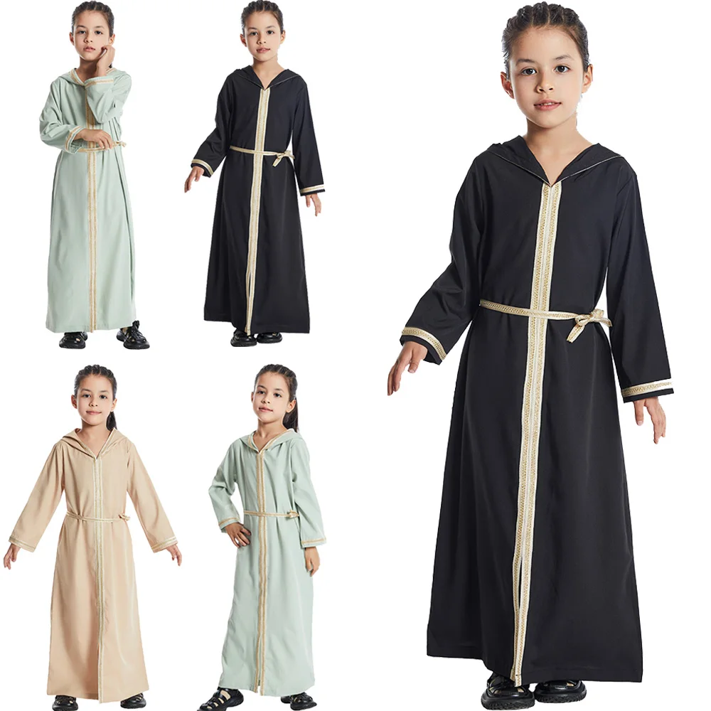 Ramadan Muslim Islamic Kids Girls Abaya Maxi Dress Hooded Child Long Sleeve Kaftan Gown Arab Prayer Hijab Robe Holiday Clothing