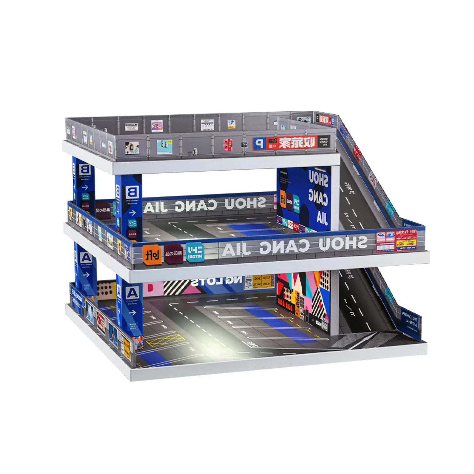

1:64 Diorama Parking Lot Model with LED Lighting Car Garage Display Case Showroom Scene Building Model for Diecast Car Collect