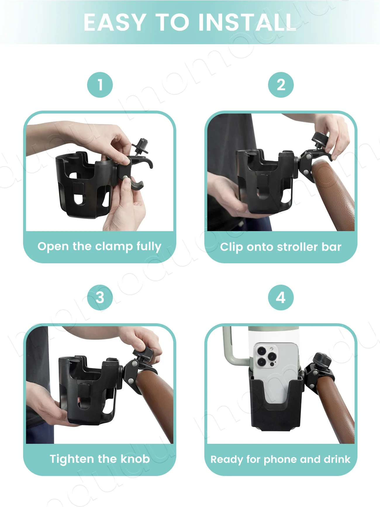 حامل أكواب لعربة الأطفال كبير الحجم 2 في 1 مع حامل هاتف - 360 درجة ° مشبك قابل للتعديل، حامل قابل للفصل #5