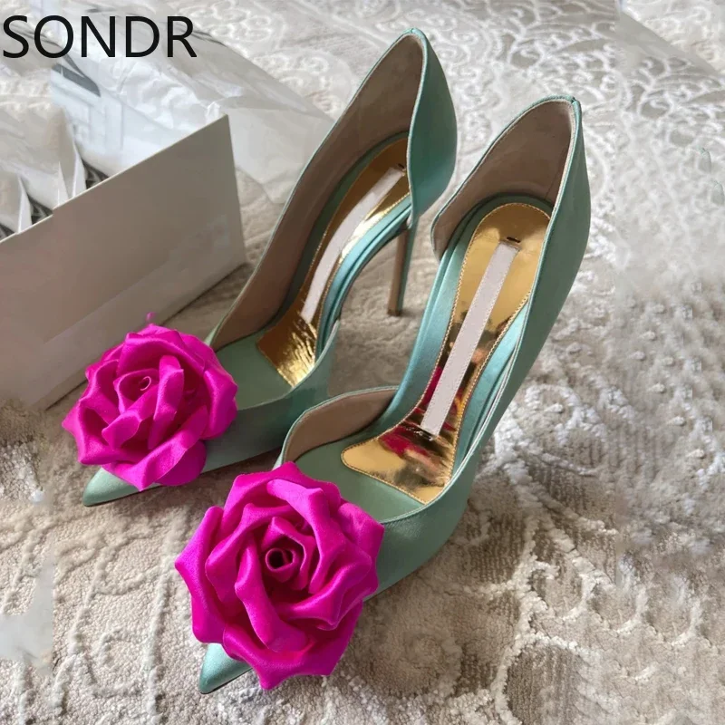 

Womens Pointed Toe Big Rose Flowers Stilettos High Heel Pumps Shoes Low Top Party Sexy Wedding Bridal Luxury New 2024