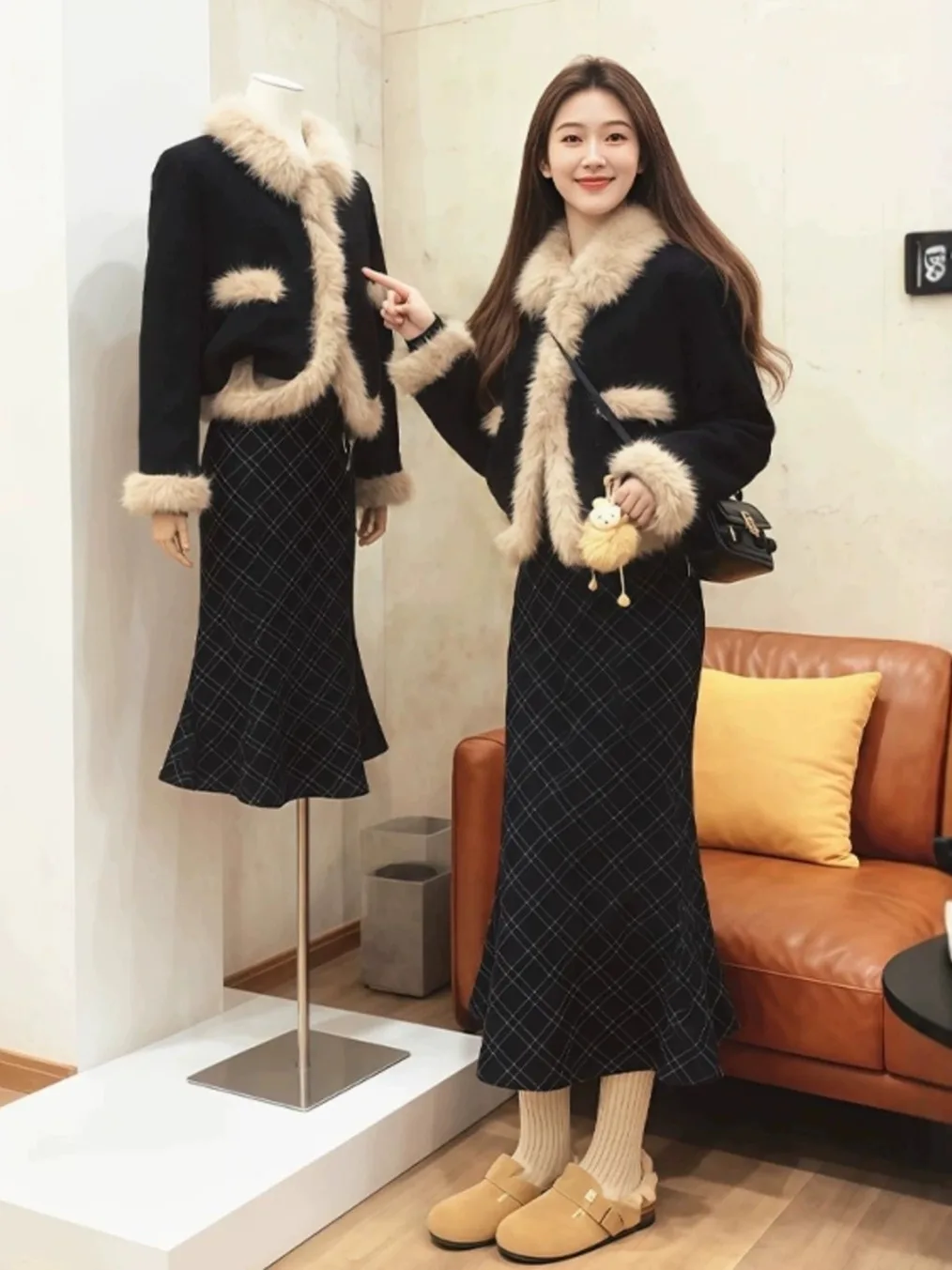 

Winter Faion plus Size Women's Coat And Skirt Set Vintage Sle Fur Trim Fi Tail Skirt Little Bla Dr Ensemble