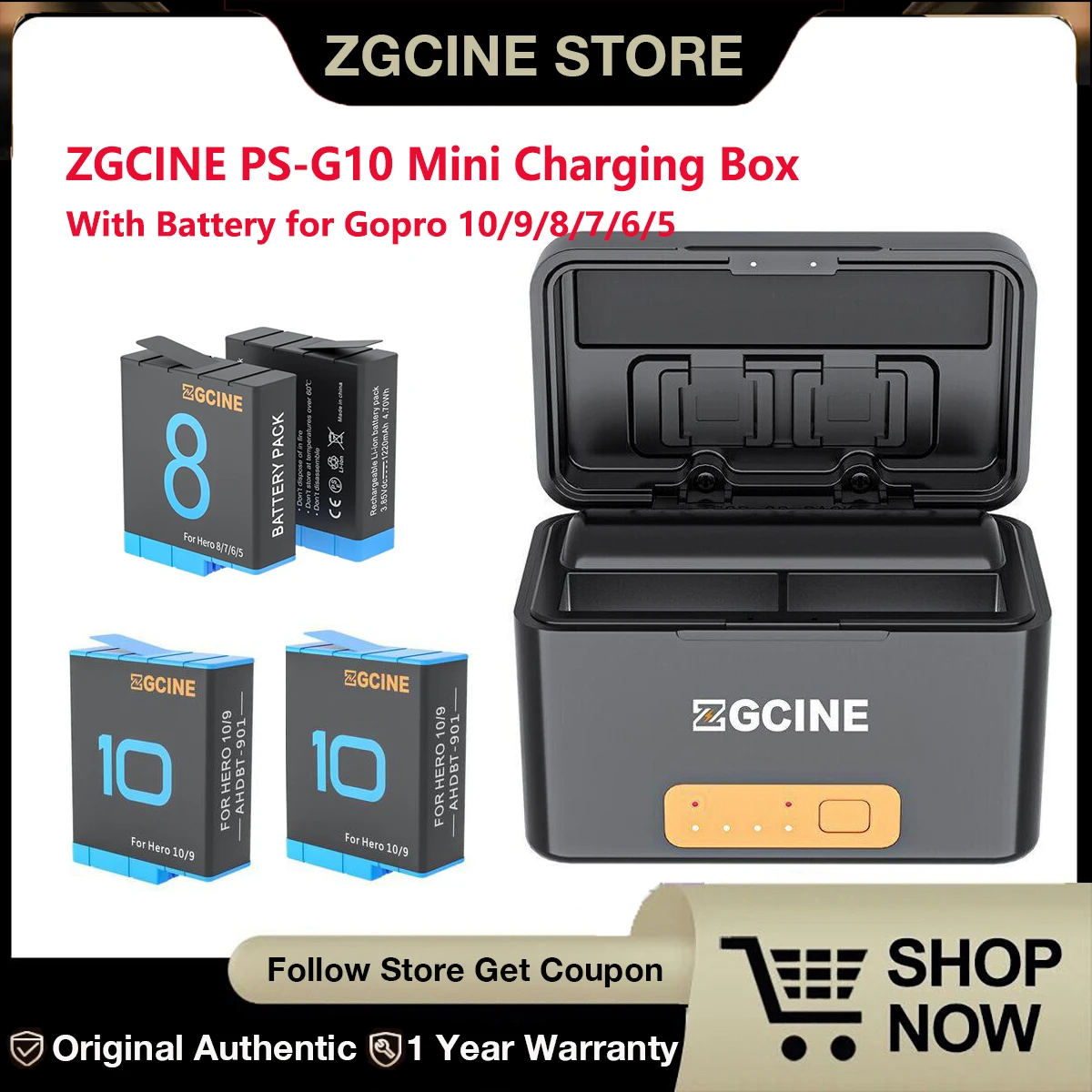 

ZGCINE PS-G10 Mini Charging Box 5200mAh Power Bank Smart Rechargeable Battery Storage Case For GoPro 10 9 Battery Charger