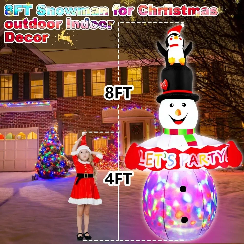 8 FT Christmas Inflatables Colorful Snowman with Penguin Outdoor Decorations, Built-in Bright Colorful Rotating LED Yard Decor