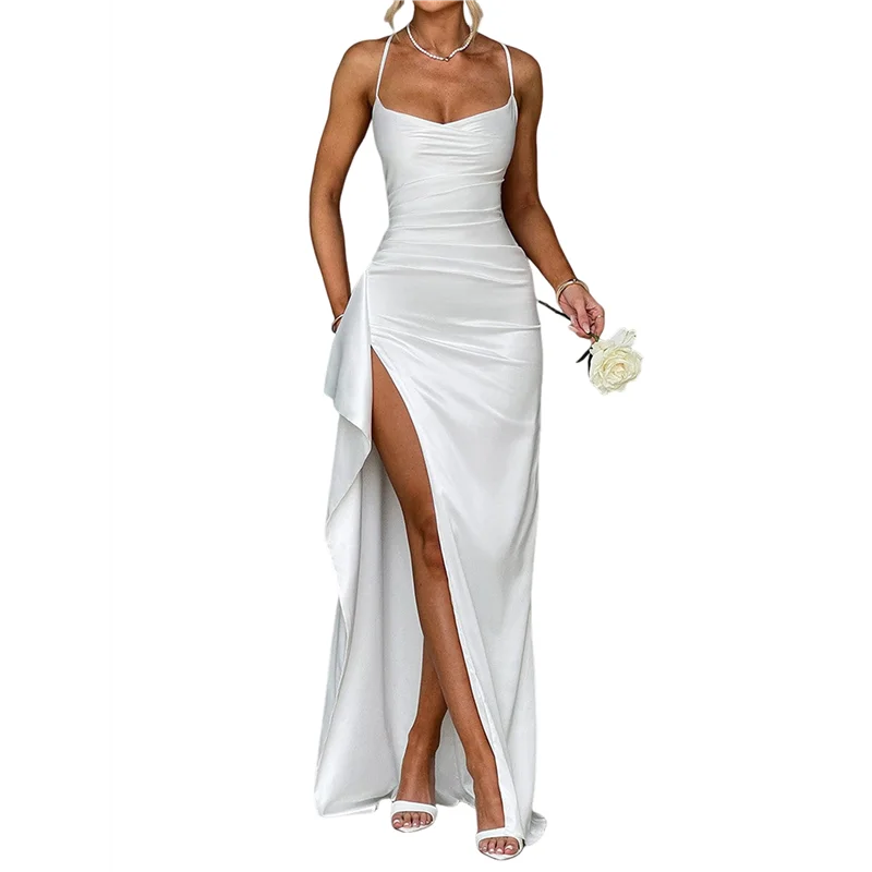 

FX-Women's Ruffled Satin Spaghetti Strap Ball Gown Bridesmaid Dress Long