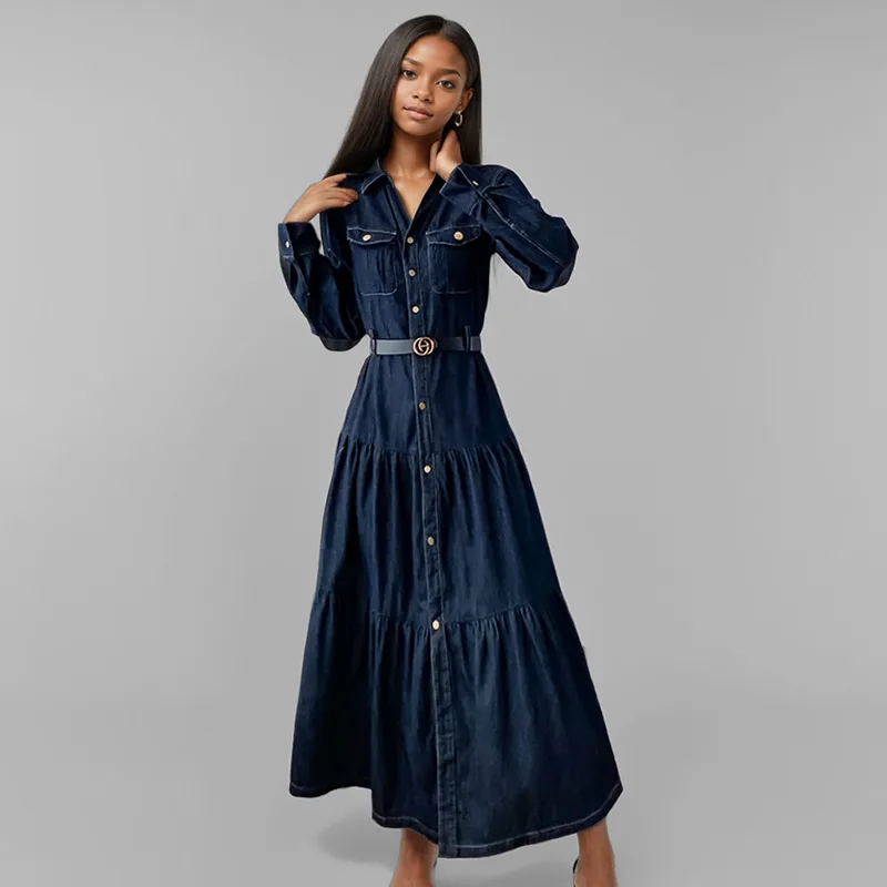 WTHT 2025 Spring Elegant Fashion Single Breasted Waist Hugging Denim Dress Lapel Long Sleeve Wrinkled Dresses Female 1LS814