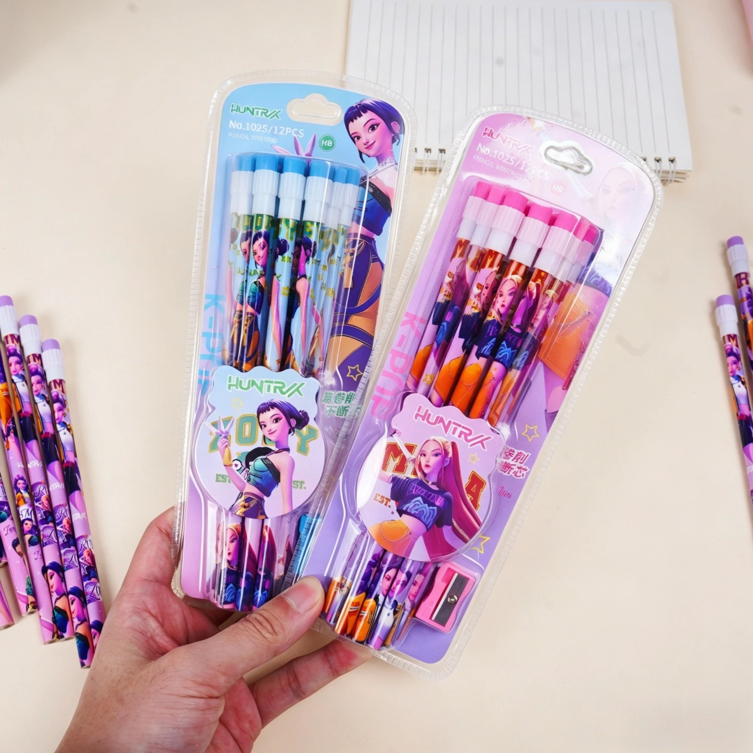 Cute Cartoon Wooden Pencils 12pcs Kit Equipped with Sharpener and Eraser, Sturdy Easy-cut Writing Supplies for Kids School Study