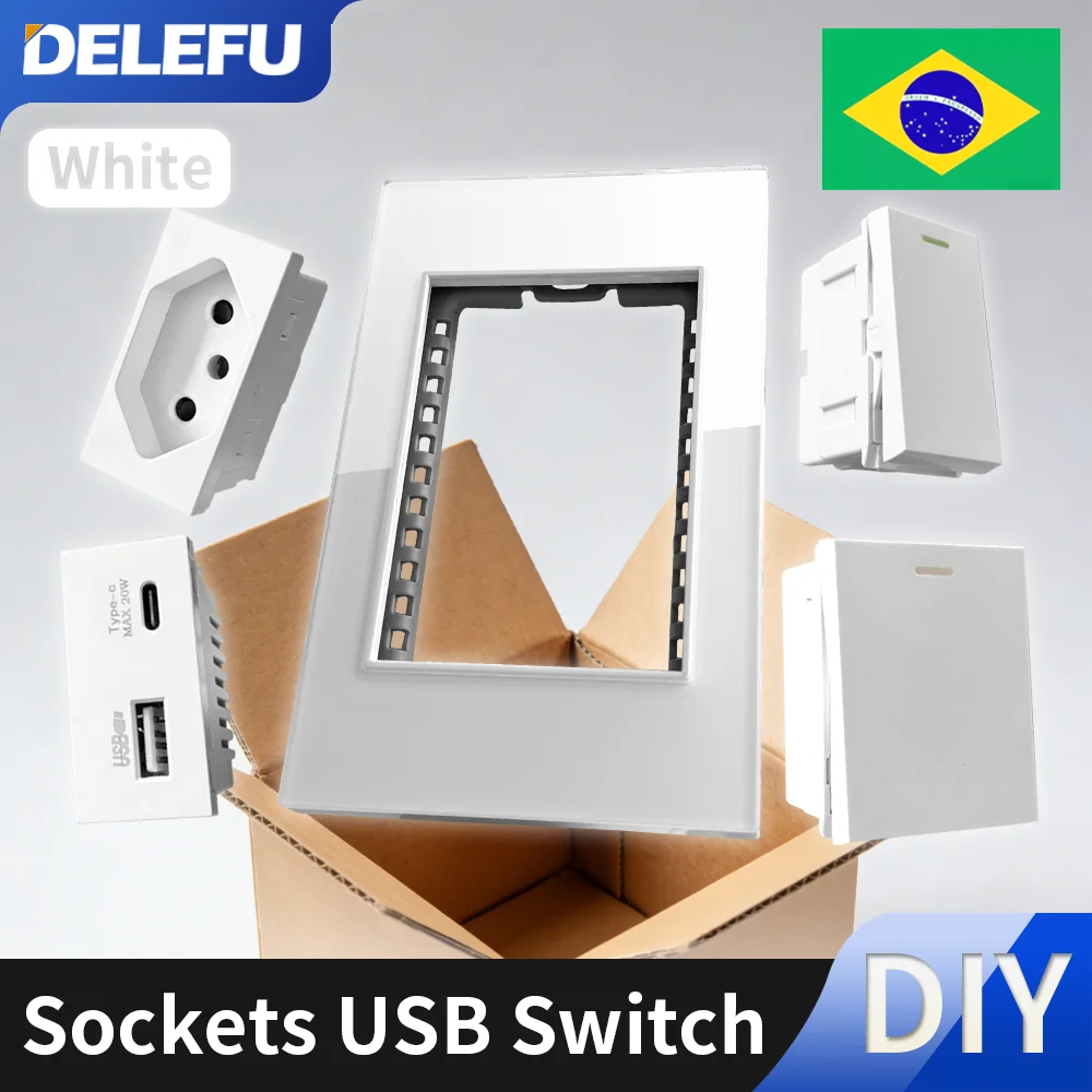 DELEFU Tomada de Comutação DIY com Função de Combinação Livre Padrão Brasileiro USB Tipo C 118mm*72mm Painel de PC Branco