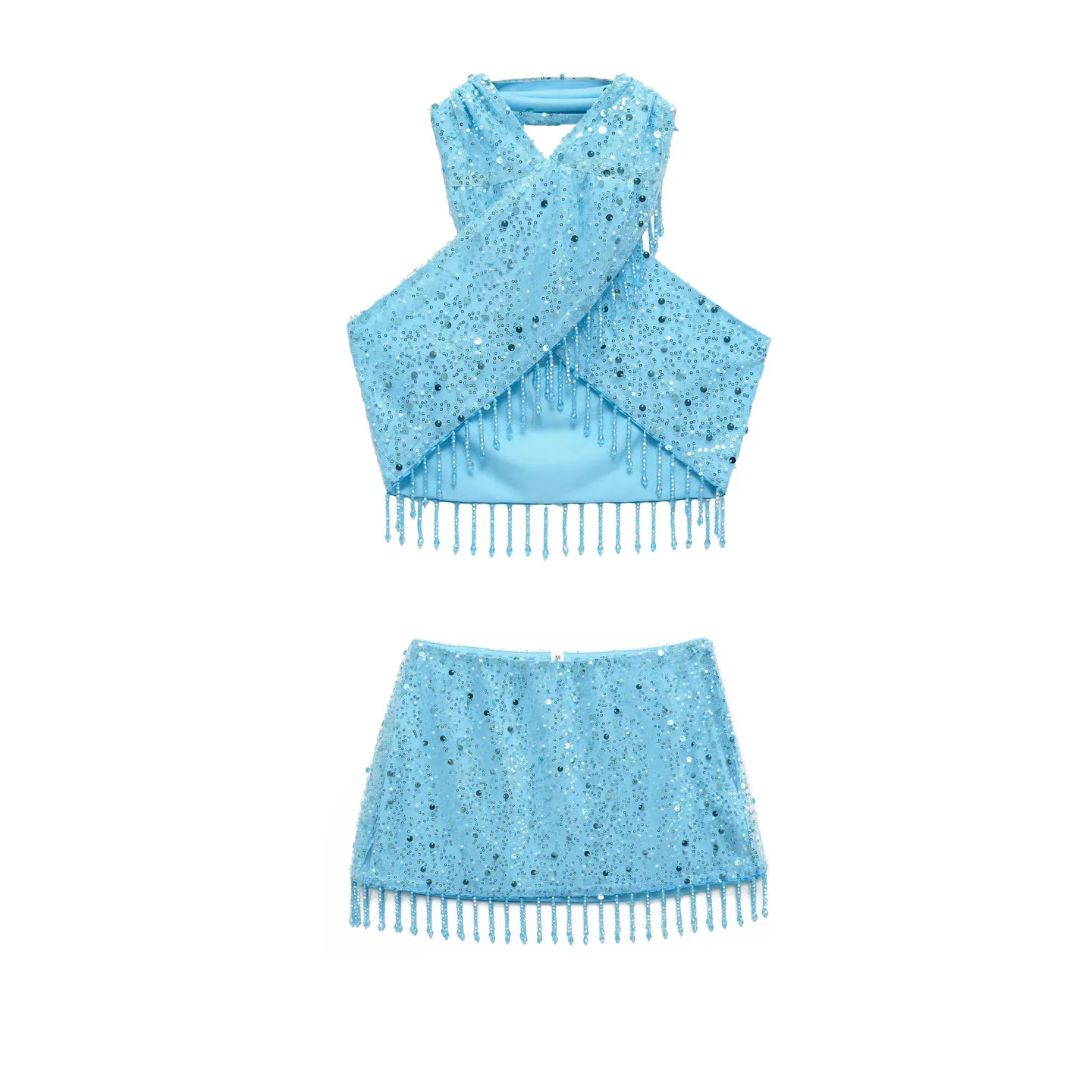 Sexy Sequin Fringe  Skirt And Top Set New Arrival Autumn Season Hanging Ne Decoration Strer Faionable Women's Outfit