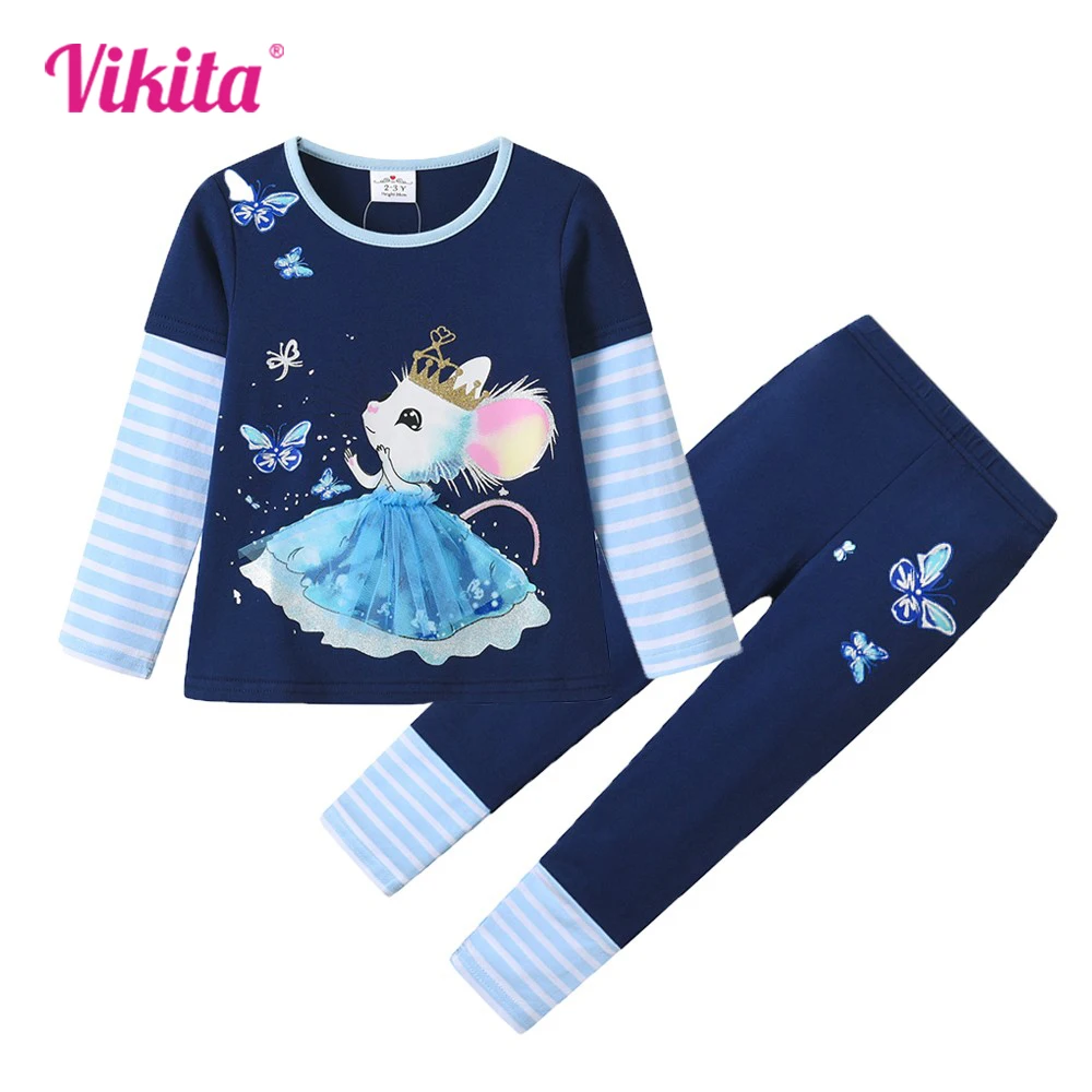 VIKITA 女の子服セット子供長袖ウサギ漫画アップリケコットンカジュアルトップス Tシャツと鉛筆パンツレギンス 2 個