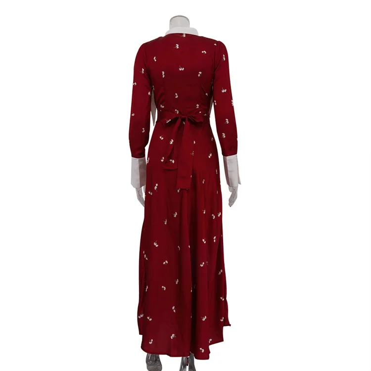 春と秋の新しいフレンチデザインプリントサテンロングドレス、エレガントなウエストアップドレス