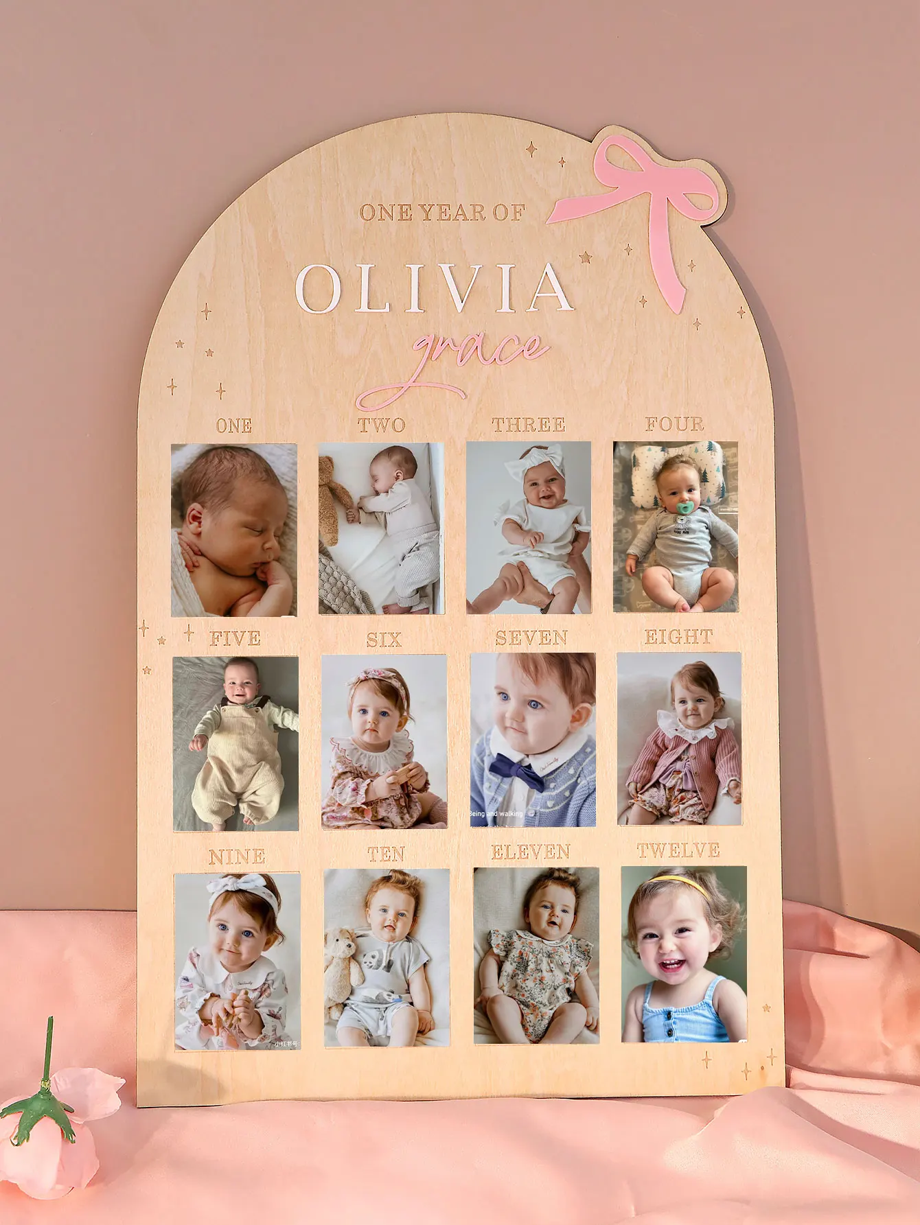 Marco de fotos personalizado para bebé de mi primer año, lazo de 12 meses, tablero de fotos de un año de bebé, accesorio para decoración de madera de hito de 1er cumpleaños