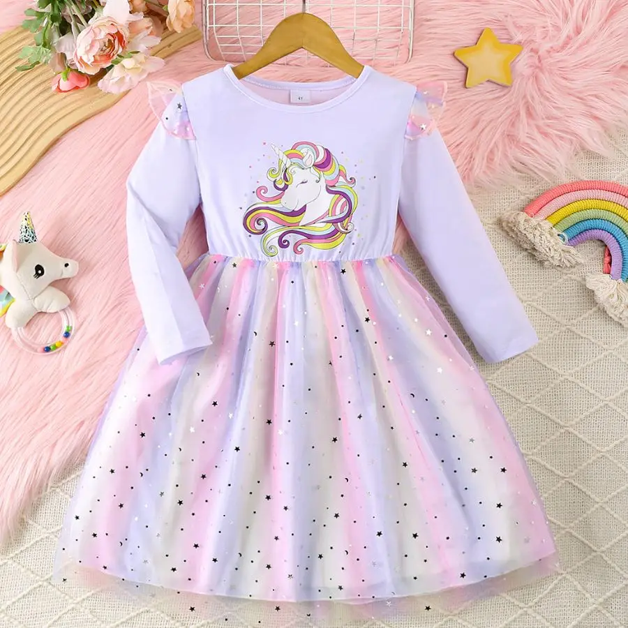 Mädchen Party Kleid Langarm Einhorn Regenbogen Gedruckt Prinzessin Kleid Frühling Herbst Kinder Mode Kleidung Baby Mädchen Weihnachten
