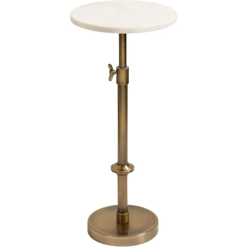 Adjustable Height Pedestal Beverage Table, 10 x 10 x 30, White Marble and Antique Brass