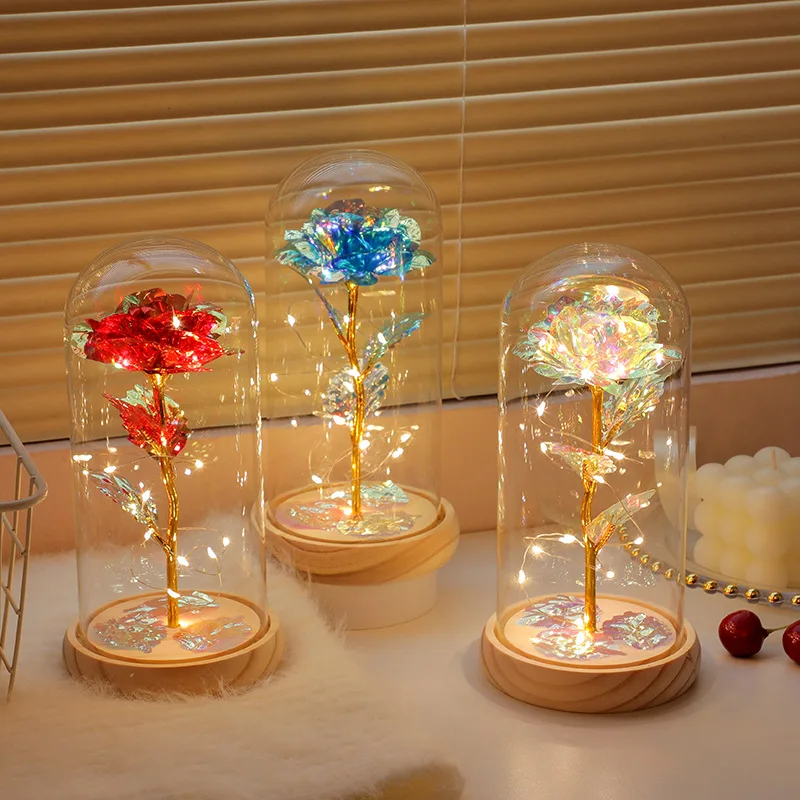 

NEW Beauty and The Beast Red Rose in A Glass Dome on A Wooden Base for Valentine's Gifts LED Rose Lamps Christmas