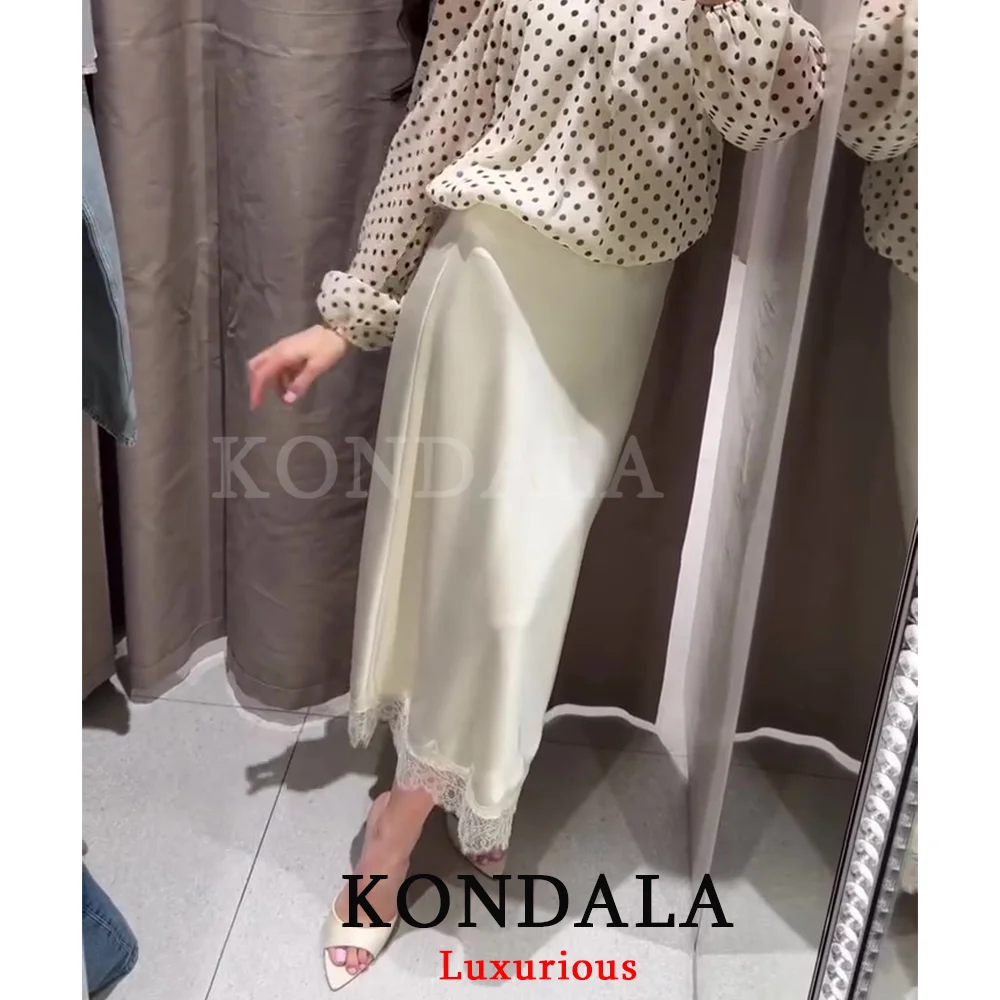 KONDALA Vintage Chic Satin Women Long Lace Skirts High Waist Straight Midi Party Skirt Fashion 2026 Spring Summer Elegant Skirt