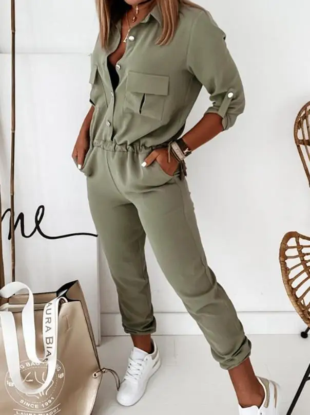 Women's Jumpsuit Sporty Street Casual Turn-Down Collar Daily Pocket Button Design Elastic Waist Jumpsuit for Women Streetwear