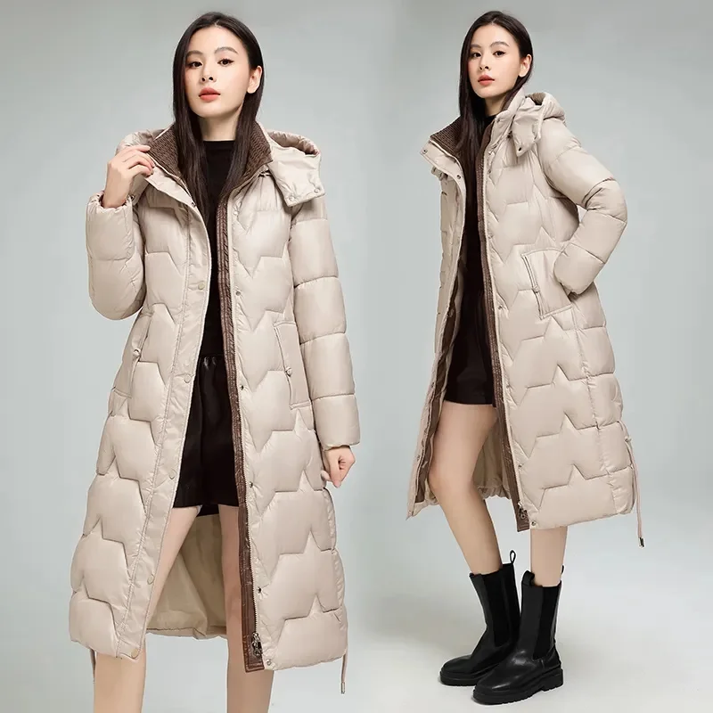 

Корейская женская зимняя куртка 2025 года, длинное пальто, парки с капюшоном, теплые толстые черные, бежевые ветрозащитные женские пуховые хлопковые пальто, верхняя одежда