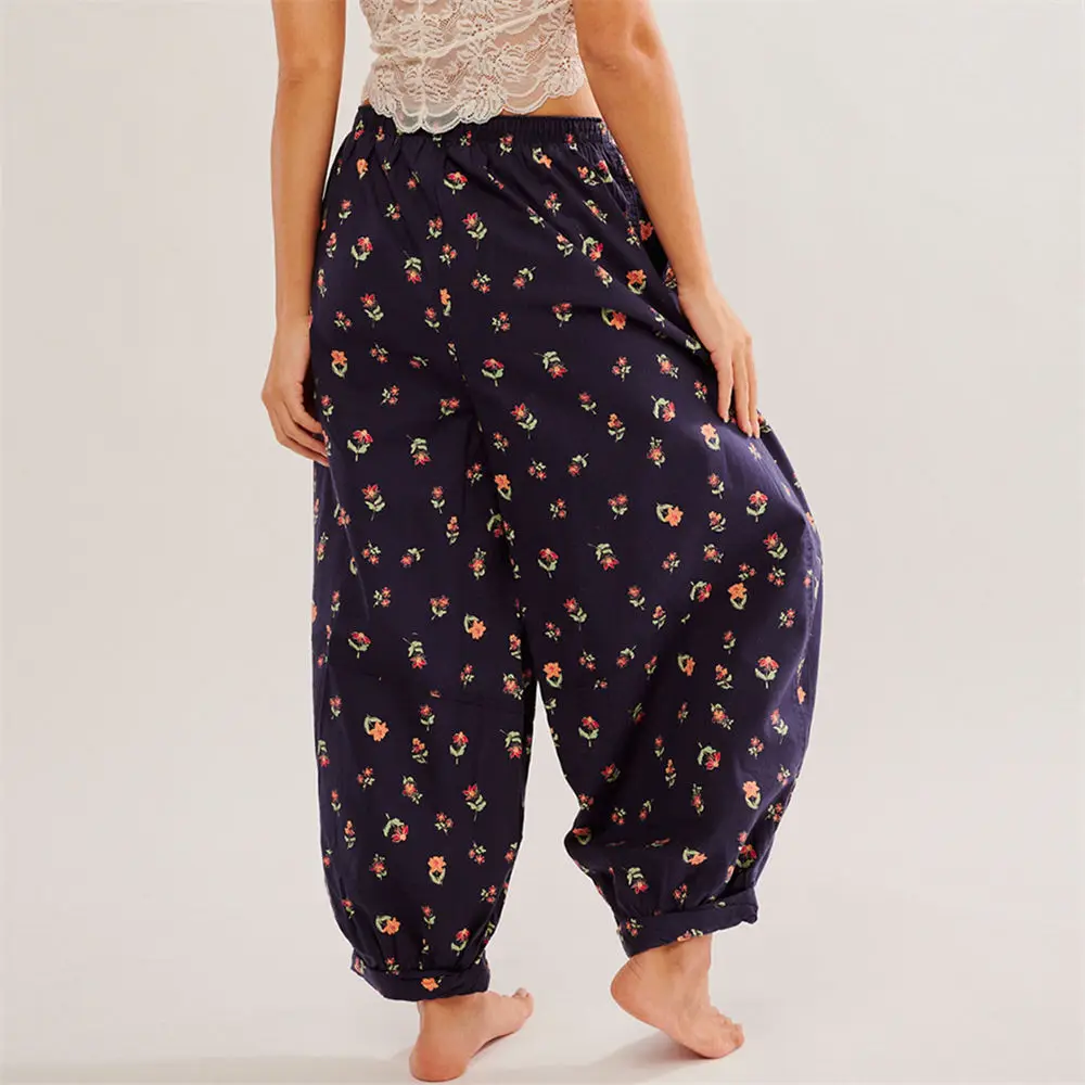 Women Summer Floral Harem Pants Baggy Wide Leg Trousers Elastic Waist Pastoral Boho Yoga Beach Pants