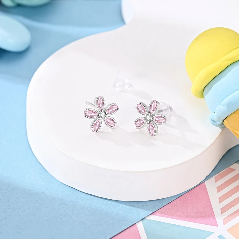 925 Sterling Silver Hoop Earrings Daisy Cherry Blossom Bee Girl Series Ear Studs Fit Elegant Female Accessories Jewelry - view 5