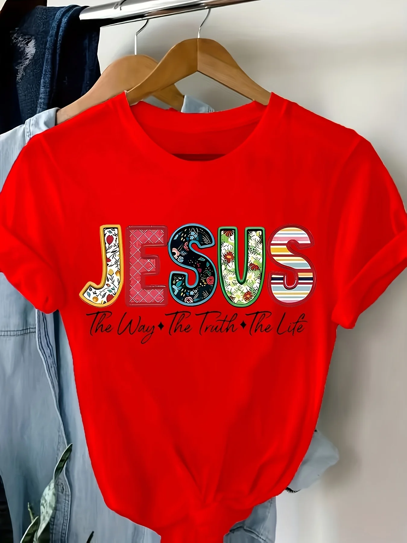 Ladies' Casual Round Neck T-shirt with Colorful Letter Print of "Jesus" and "Road Truth, Life" Design Printed on Soft Fabric view 3