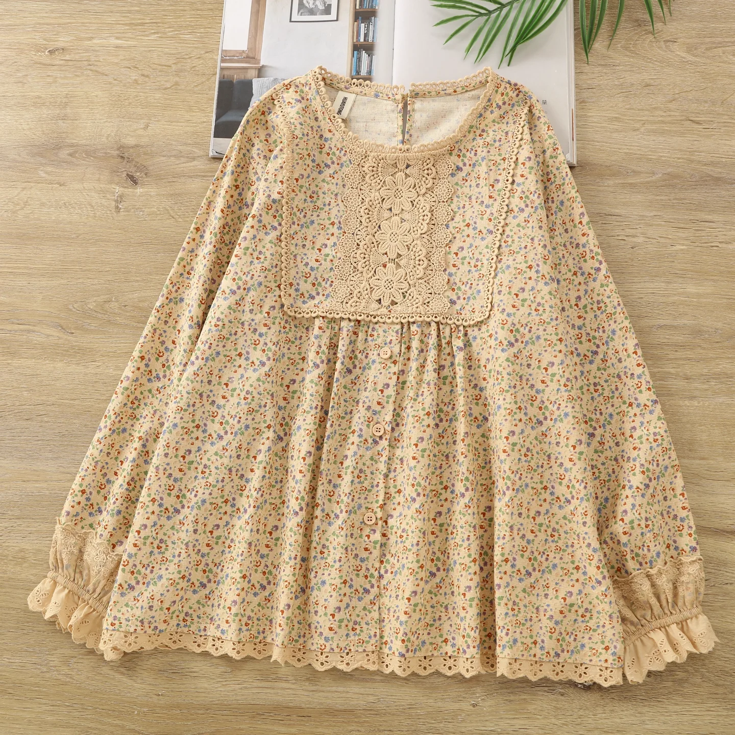 

Plus size woman clothing fall clothes mori girl green khaki print lace patchwork shirts and blouses for women Japan long sleeve