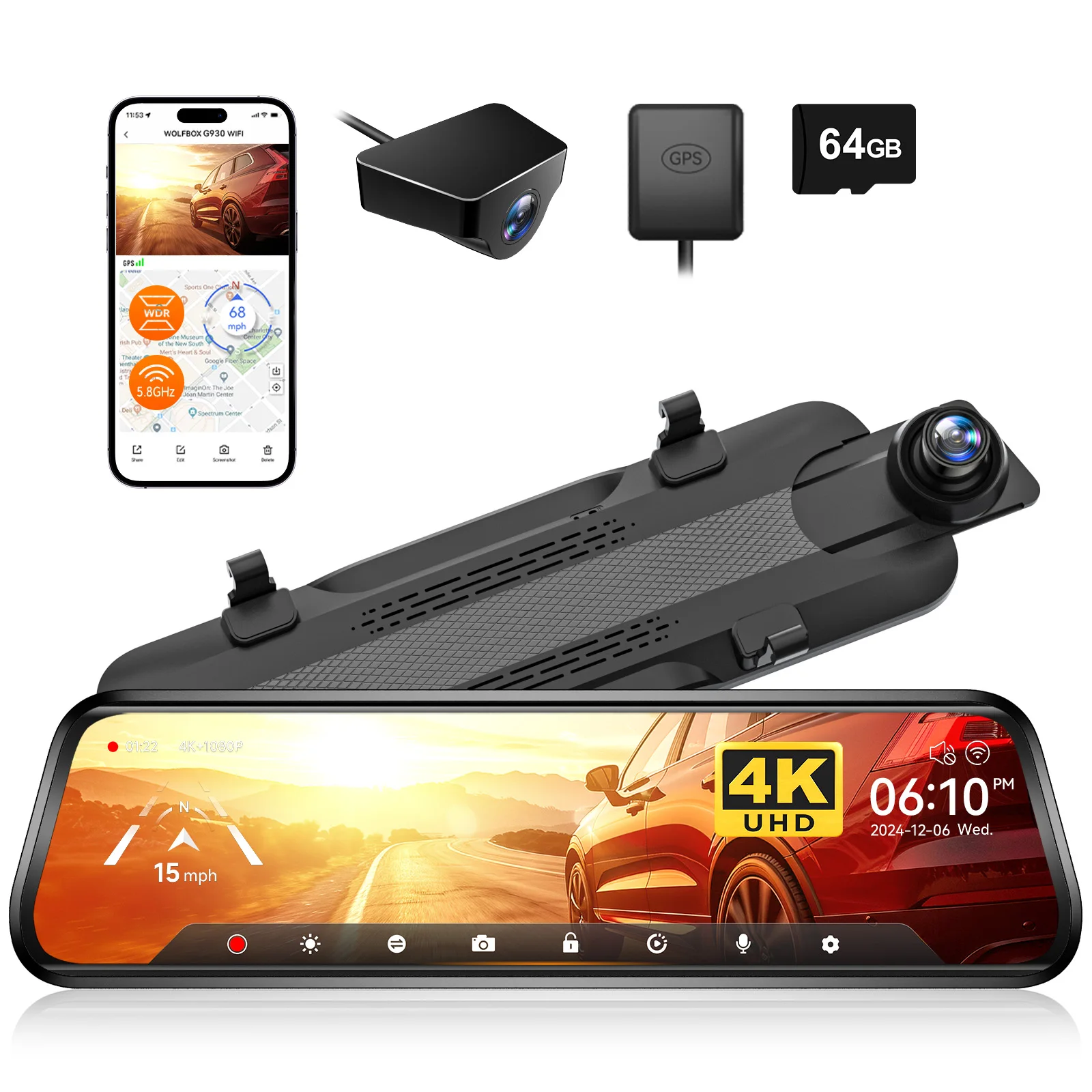 WOLFBOX G930 10 inch wifi dashcamera 4K auto DVR FOV 140 spiegelcamera dash cam auto 24 uur parkeergave touchscreen videorecorder