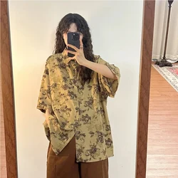 Vintage Chic Print Shirts Spring Summer Lapel Long Sleeve Baggy Floral Tops Bf Harajuku Korean Preppy All Match Chiffon Blouse