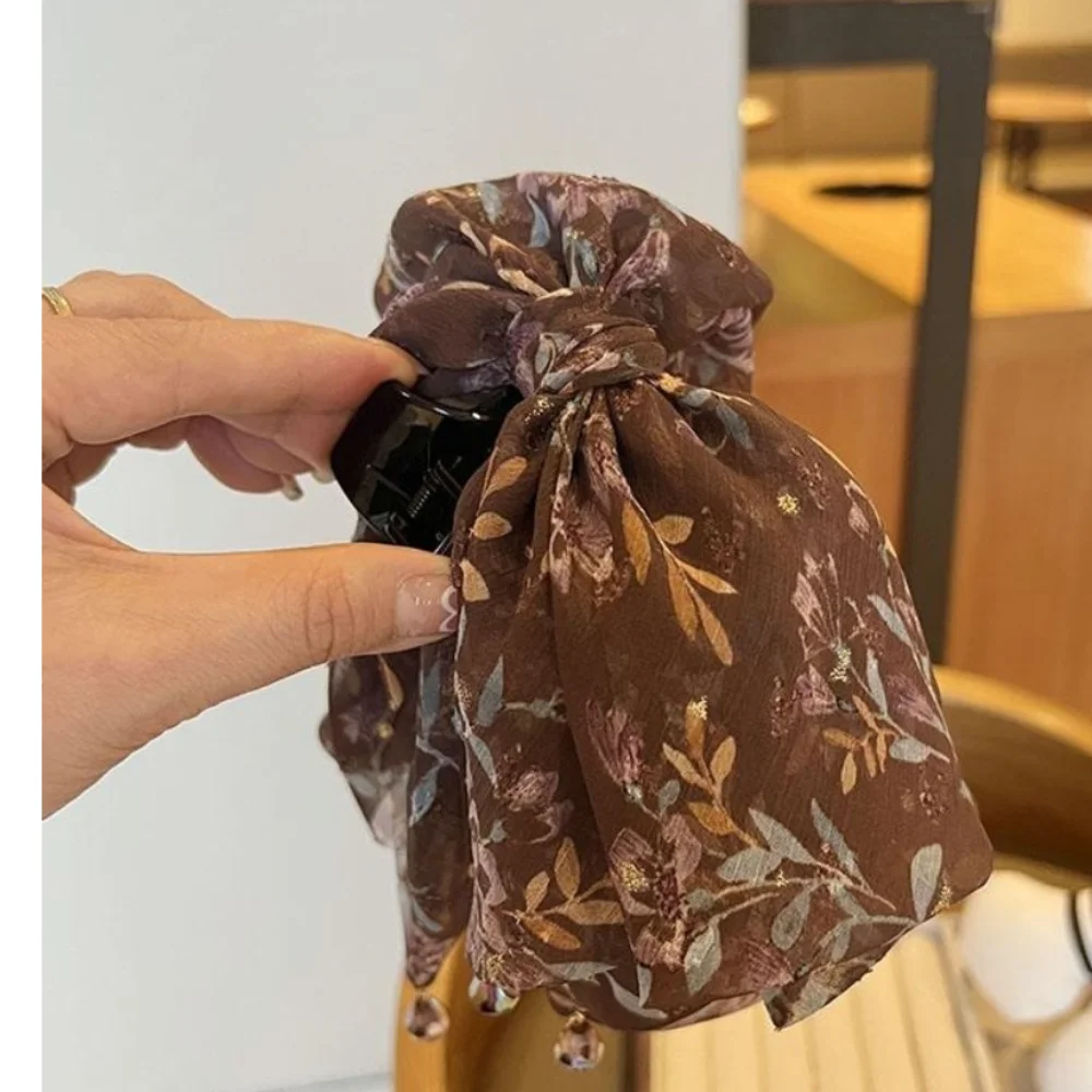 

Fashion French Style Chiffon Hair Claw Large Flower Bow Shark Clip Elegant Temperament Women Hair Grab Clip Girl