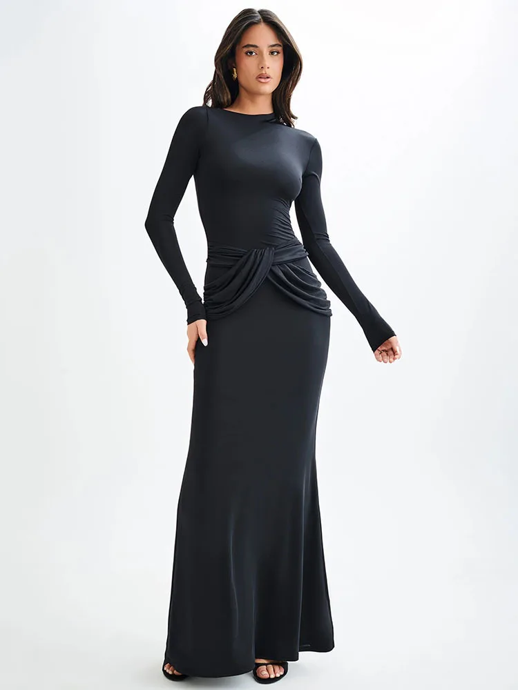 Articat Elegant Long Sleeved Elastic Tight Long Dress Women Bodycon Pleated Evening Dress Slimming Party Club Vestido Fall 2024