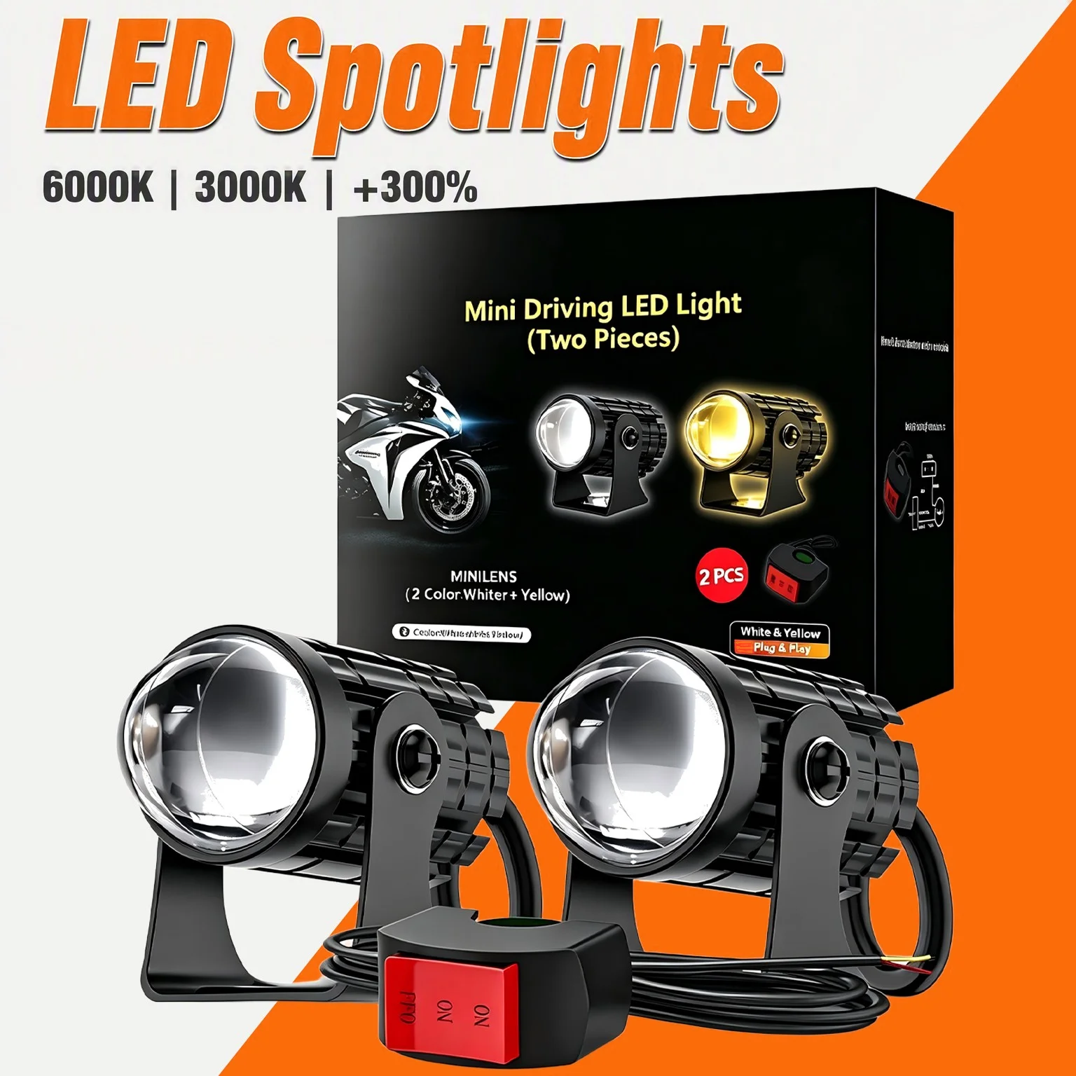 Heyword Motorcycle Mini Driving Light Dual Colo for Headlight Auxiliary Spotlight Lamp R ATV Scooter  Fog Light Accessories 12V