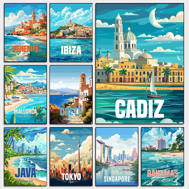 Tokyo Fjords zadar Perth Ibiza Cadiz Java City Travel Poster Prints Canvas Painting Wall Art Pictures for Living Room Home Decor