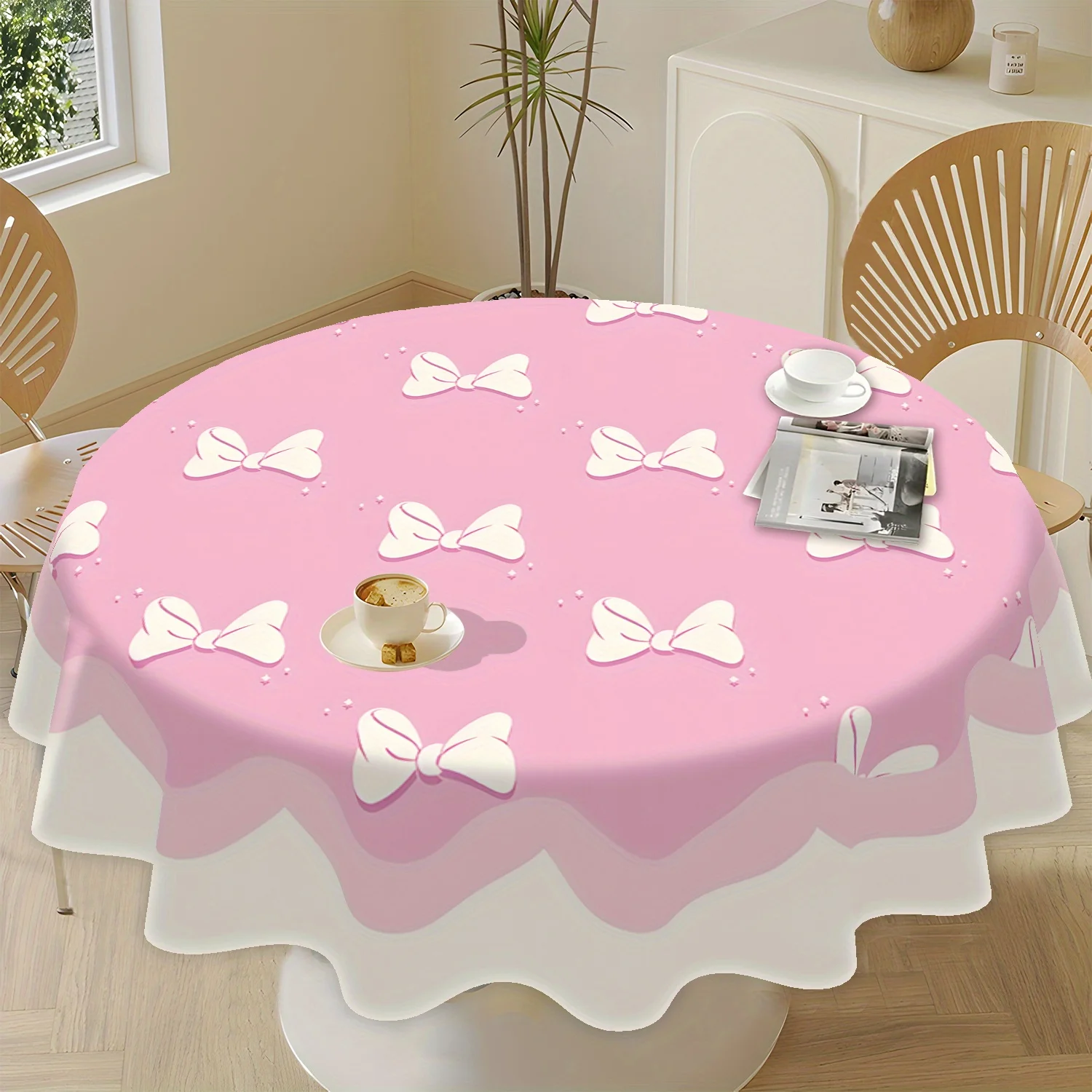 1pc Round Tablecloth Compatible for Round Tables - Elegant Bow Pattern Table Cover, 60Inch Diameter Round Table Decor
