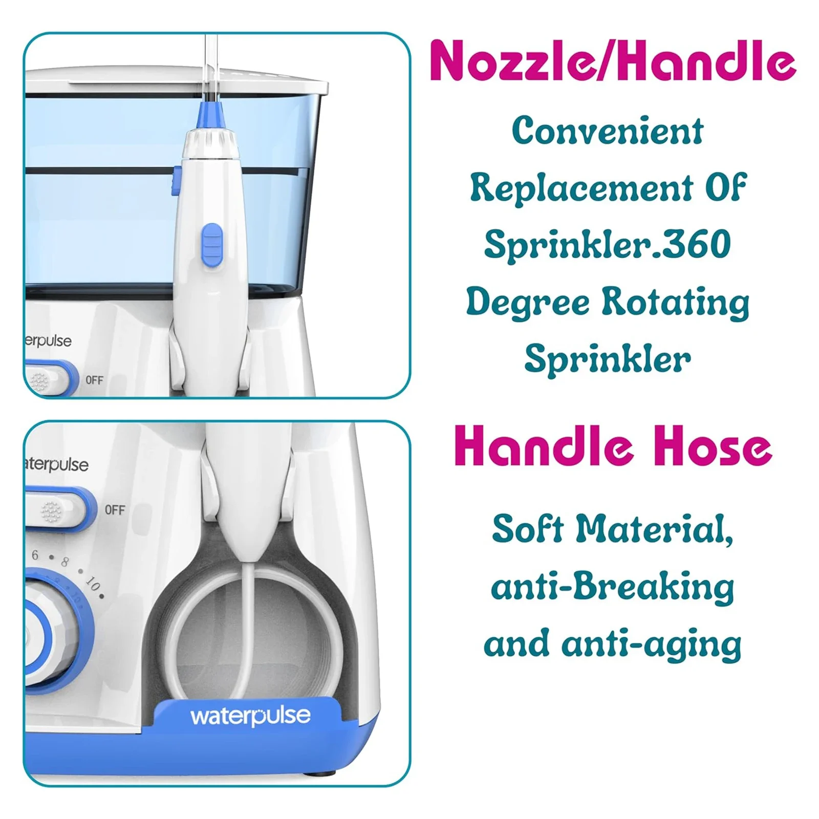 Waterpulse Electric Water Flosser Oral Irrigator 800ML Large Capacity Dental Water Hygiene Flossing Teeth Cleaner with 5x Tips