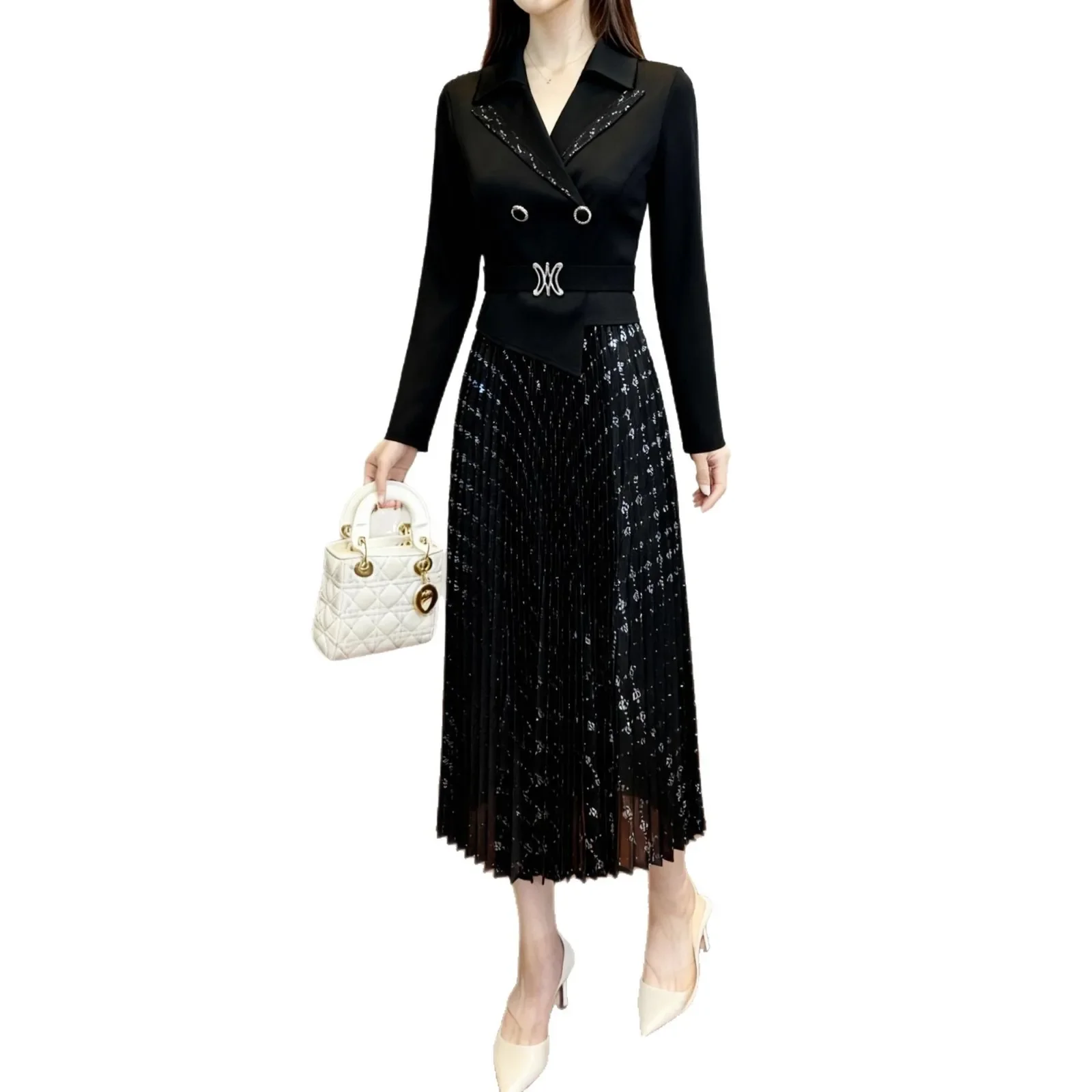 مياكي بالجملة جديد 2025 الخريف البرنز حبة التلبيب مطوي فستان الملابس النسائية مزاجه فستان طويل فضفاض