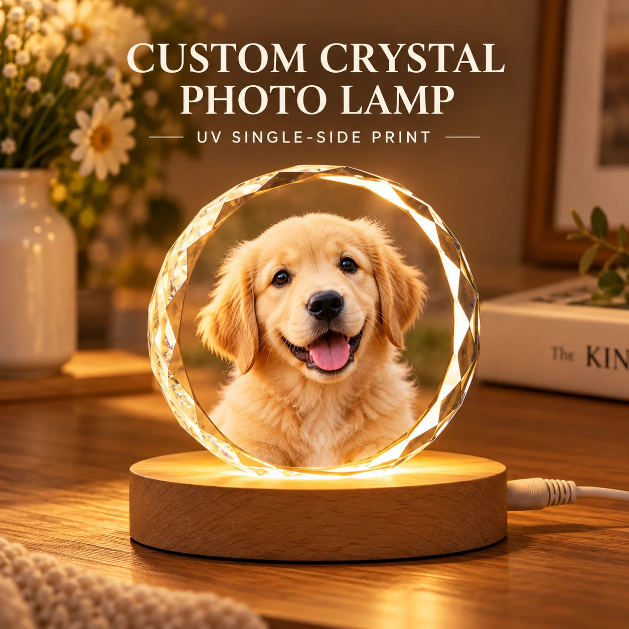 Custom Crystal Plaque Lamp Personalized Photo Night Light with Wooden LED Base UV Single Side Print Keepsake Gift for Family Lov