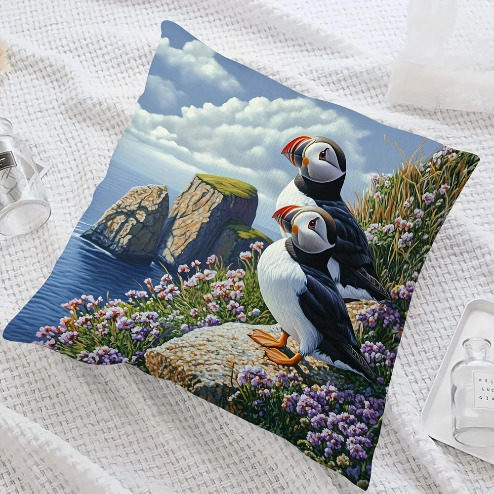 1pc Coastal Puffin Birds Double‑Sided Print Pillow Cover, Cushion Case for Sofa Bedroom, Insert Not Included, Home Decor